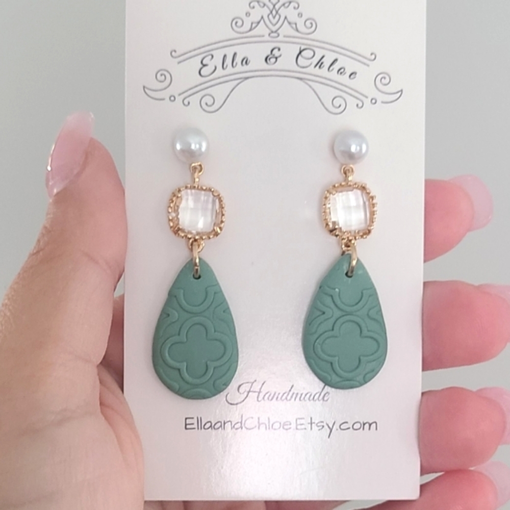 Beautiful Handmade Gold Plated Sage Green Crystal Pearl Drop Dangle Earrings